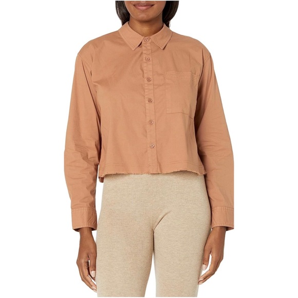 Monrow Brown Button-Down Crop Shirt - Picture 1 of 6